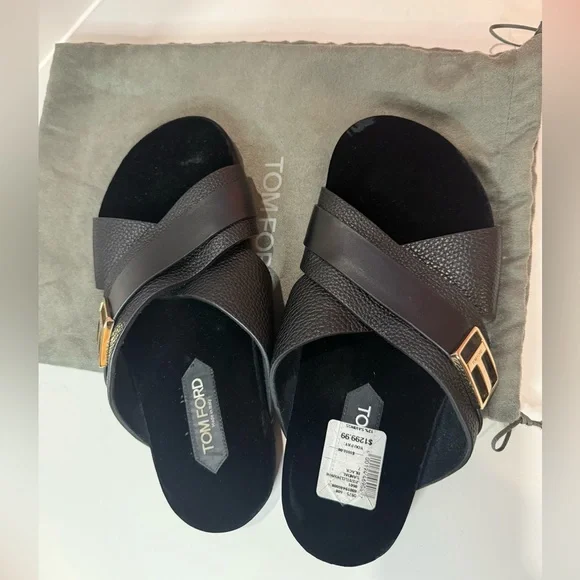 Tom Ford Black Slide Sandals with Gold Buckle